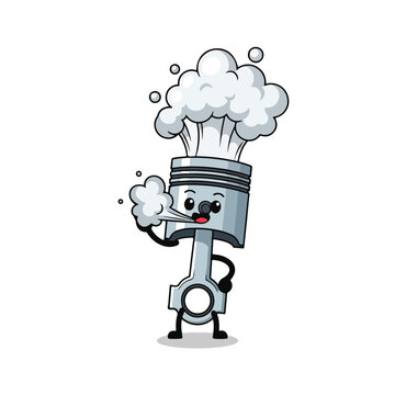 A cheerful cartoon piston mascot exhaling steam with a playful expression, depicted in a simple flat illustration style against a clean white background conveying energy