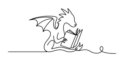 One line art illustration of a small mythical dragon reading an open book in a minimalist style. © Tona Drawing Gallery