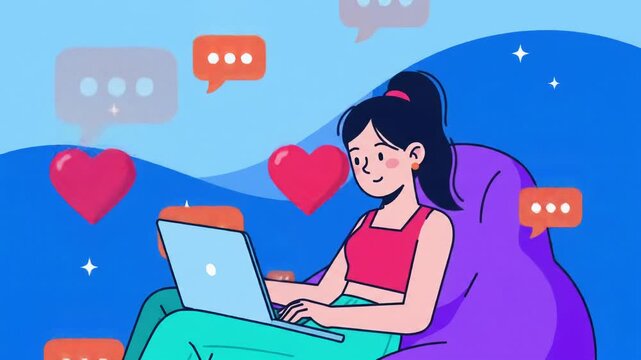 A stylized 2D animated female character with dark hair, pink crop top, teal pants typing on a light blue laptop on a purple beanbag, against a blue gradient with stars, concept of digital