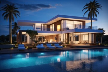 Fototapeta premium Contemporary mansion with illuminated swimming pool and palm trees under a evening sky