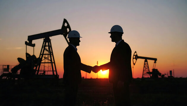 Business leaders shaking hands at sunset in an oil field, finalizing a partnership in the energy production industry
