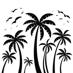Fototapeta premium Silhouette of palm trees and flying birds on a white background