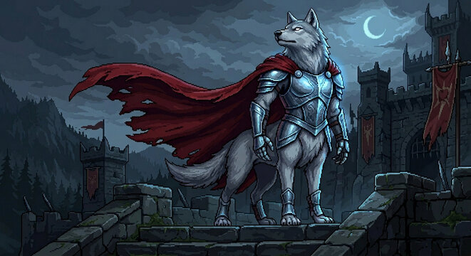 Pixel art wolf knight in silver plate armor with a red cape standing on a cliff under a full moon