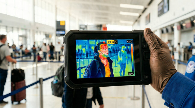 Thermal imaging camera screening passengers for high body temperature in an airport terminal. Infrared device detecting fever in a woman standing in line
