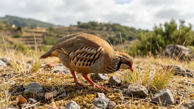 red legged partridge eating in natural habitat madeira island video