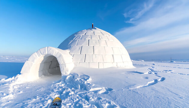 An igloo a dome-shaped dwelling made of snow, in a snowy landscape under a clear blue sky