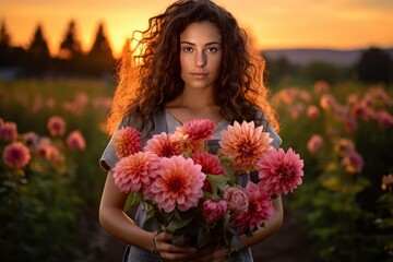 Naklejka premium Woman standing in a dahlia field, holding a bouquet of pink and orange flowers at golden hour