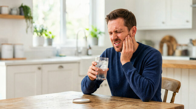 Man wincing in pain from toothache while holding a glass of ice water. Dental sensitivity and oral health problem concept. Male suffering at home