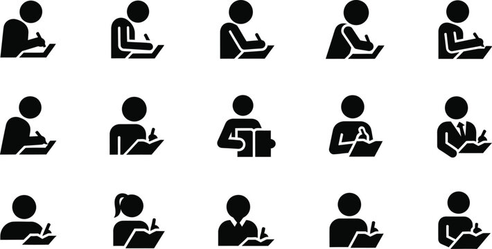 Black silhouette icons of people writing in notebooks journals and taking notes set with notebook
