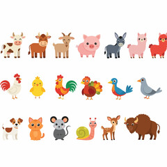 Fototapeta premium A variety of farm and domestic animals are gathered together in a colorful scene.