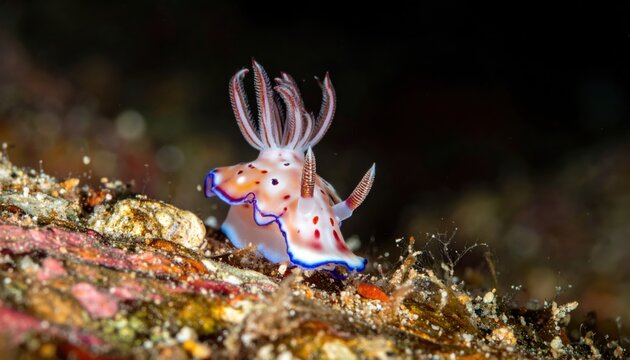 A delicate nudibranch with vibrant patterns displays intricate textures on the colorful seabed, showcasing the beauty of marine life.