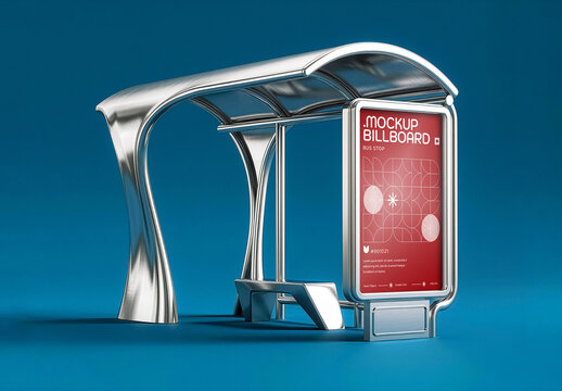 Futuristic Chrome Bus Stop Screen Mockup. Bus Shelter Advertising Poster Display On Blue Background