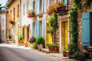 Obraz premium Stone buildings with blue shutters and vibrant flowers lining a charming rustic street