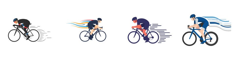 Fototapeta premium Minimalist flat vector illustration of a road cyclist in motion, depicted in a dynamic riding posture with stylized speed lines to emphasize movement, composed of clean and simple shapes