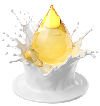 splash of white cream with a golden oil drop, symbolizing nourishing and moisturizing skin treatment 3d illustration.