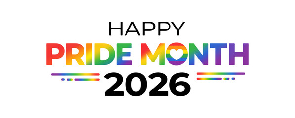 Happy pride month 2026 text isolated with lgbtqia rainbow flag logo typography banner and heart vector design © trendystore 