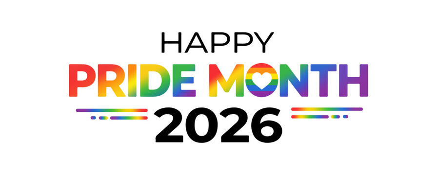 Happy pride month 2026 text isolated with lgbtqia rainbow flag logo typography banner and heart vector design