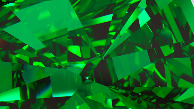 Emerald Gemstone Facets &ndash; Abstract Green Crystal Background, Radiant emerald crystal close-up with sharp prismatic facets; vibrant green abstract texture for luxury branding, posters, and web design.