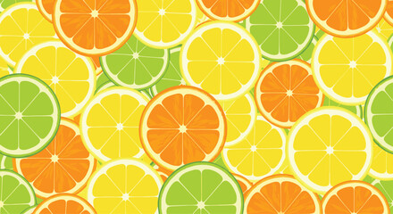 Obraz premium Bright seamless pattern of overlapping fresh slices of orange, lemon, and lime citrus fruits for a vibrant and refreshing summer fruit background.