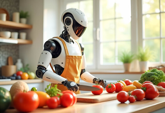 robot cooks food in the kitchen and cuts vegetables