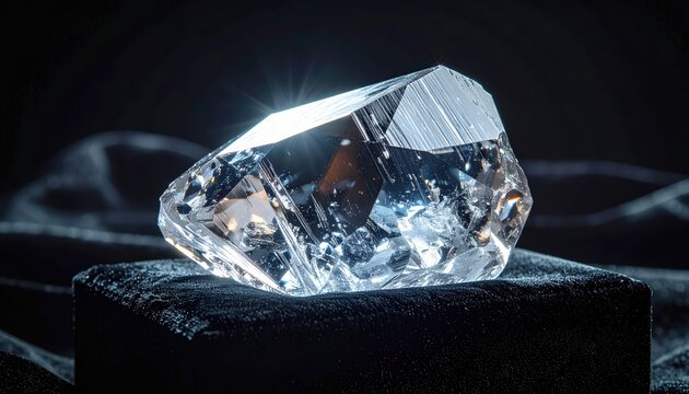 Magnificent rough diamond crystal, uncut and natural, displaying distinct facets, presented on a dark velvet pedestal for ultimate luxury and value. A true geological treasure.