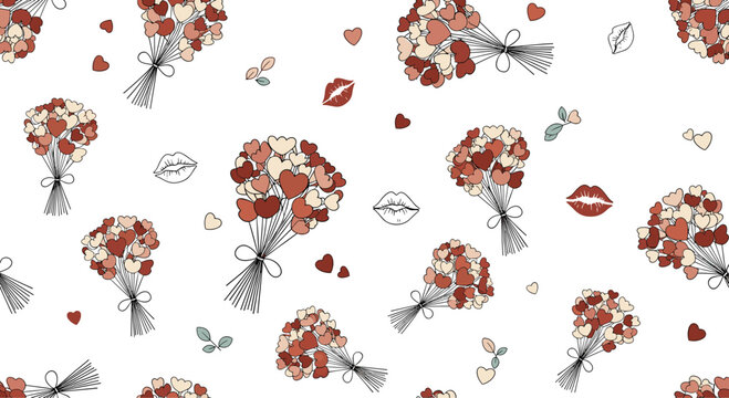 Romantic seamless pattern with bouquets of heart flowers, small hearts, and kiss marks in earthy red and beige tones on a clean white background.