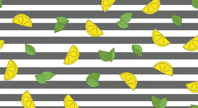 Summery seamless pattern of fresh lemon slices and green leaves scattered across a classic grey and white striped backdrop.
