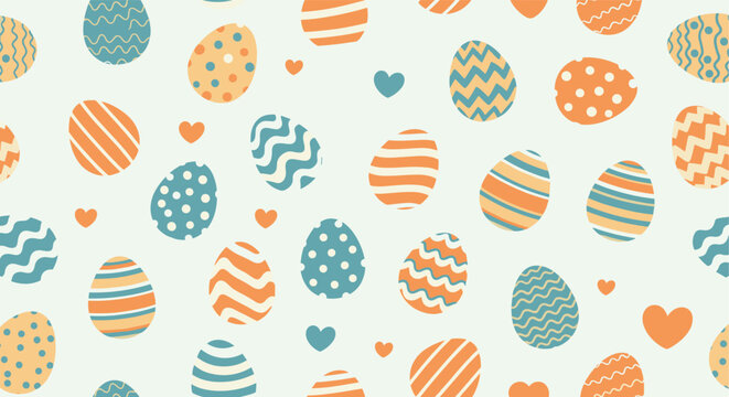 Festive easter egg seamless pattern featuring colorful decorated eggs with various patterns and small hearts.