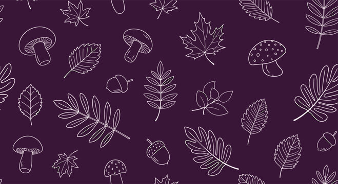Deep purple autumn seamless pattern featuring white line drawings of fall leaves, mushrooms, acorns, and berries.