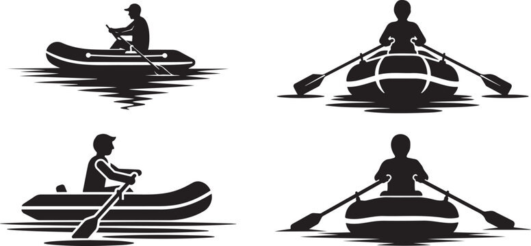 A stark black silhouette depicts a person rowing a small inflatable boat on calm waters silhouette high quality. Inflatable boat on calm waters vector illustration.