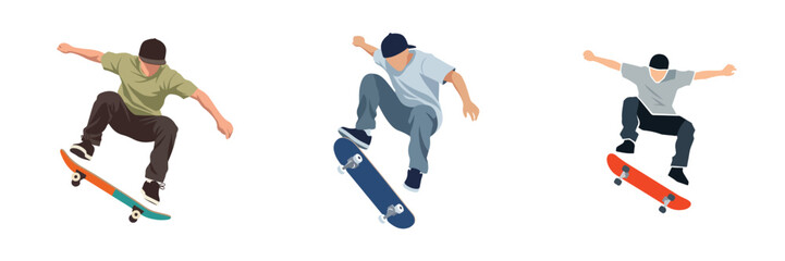 Obraz premium A flat vector design set of a skateboarder doing an 