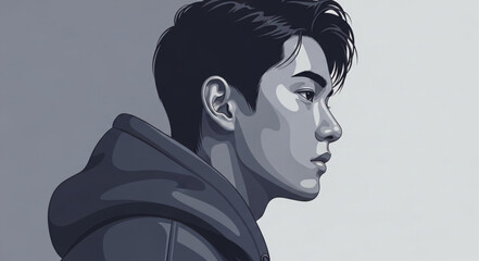 Stylized digital side profile portrait of young man in hoodie. © samuel