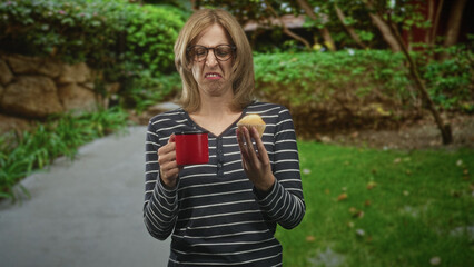 Obraz premium Woman blonde in striped shirt holding red mug and muffin wrinkles nose and grimaces while inspecting muffin on street path; disgust morning routine.