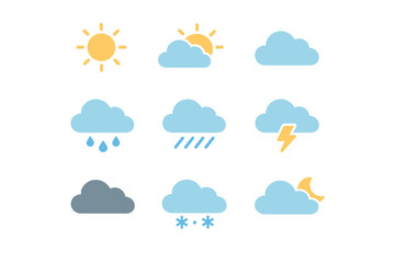 Obraz premium Colorful Weather Icon Set Vector with Sun, Clouds, Rain, Storm, Snow and Night Forecast Symbols Isolated on White Background