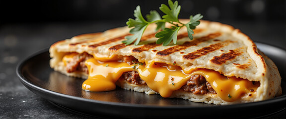 Grilled cheese quesadilla with cheesy filling on dark plate - Concept of Taco Bell 