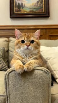 The cat lying on the sofa indoors, the orange cat lying on the sofa armrest is cute