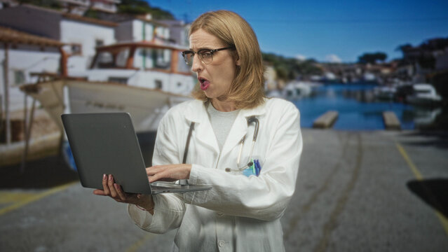 Woman doctor typing on laptop with hands on keyboard on a street dock wearing white coat and stethoscope; concern telemedicine.