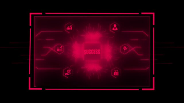 Vibrant red digital display showcasing a glowing circuit board with the word suces at its center and surrounding for business metrics on a black background keywords: technology, digital
