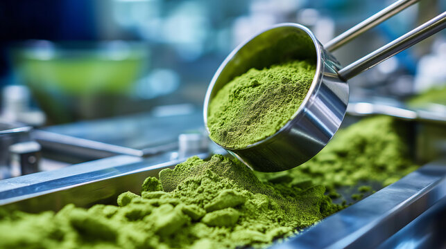 Green microalgae powder being finely milled into potent supplement ingredients in an industrial production facility, superfood ingredient concept, with copy space