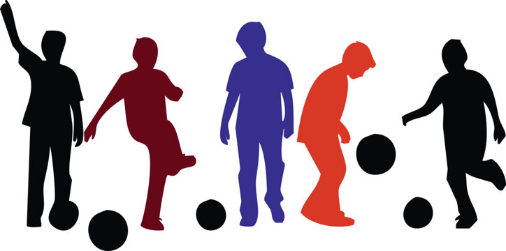 Simple, colorful silhouettes of people playing soccer with several black balls on a white background.