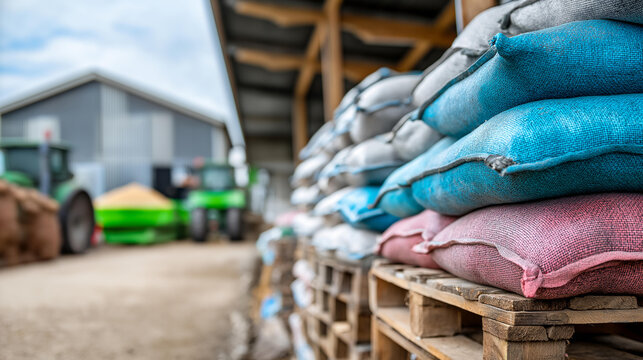 Animal feed ingredient bags stacked on a farm, agricultural nutrition supply concept, livestock feed storage photography, with copy space