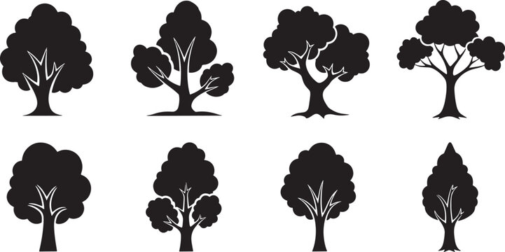 Four black silhouette trees are arranged in a 2x2 grid on a white background. Each tree has a different shape and leaf arrangement.