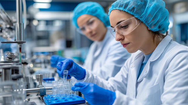 Pharmaceutical workers testing and developing products in a medical factory, research and quality assurance concept, sterile facility photography, with copy space