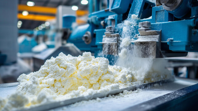 Powdered milk being processed in a large industrial machine with white dust falling onto a heap of fresh dairy product, modern dairy production concept, with copy space