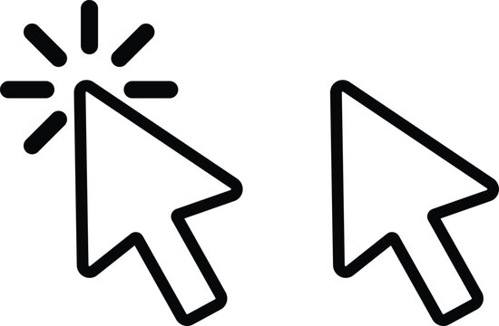 Black outline and white computer mouse cursor with click effect white fill