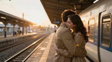 Obraz premium Romantic Embrace at Train Station During Sunset in Urban Setting
