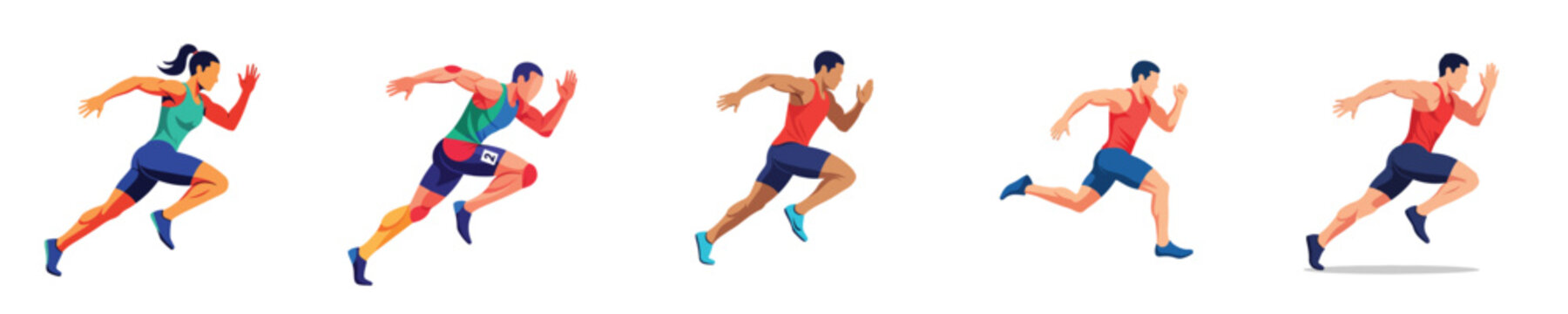 A minimalist flat vector illustration set of a sprinter in motion, captured mid-stride with dynamic posture, composed of clean and simple shapes, without outlines, isolated on a pure white background.