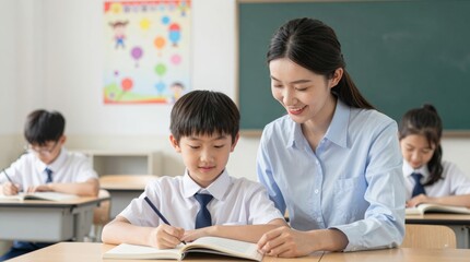 Fototapeta premium Teacher Assisting Student with Homework in Classroom Setting