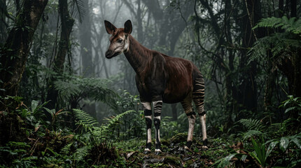 Naklejka premium An okapi is in a lush tropical forest surrounded by tall trees and ferns