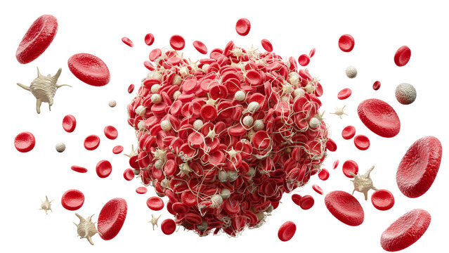 3D illustration of a blood clot formation with red blood cells trapped in a fibrin mesh on white background.